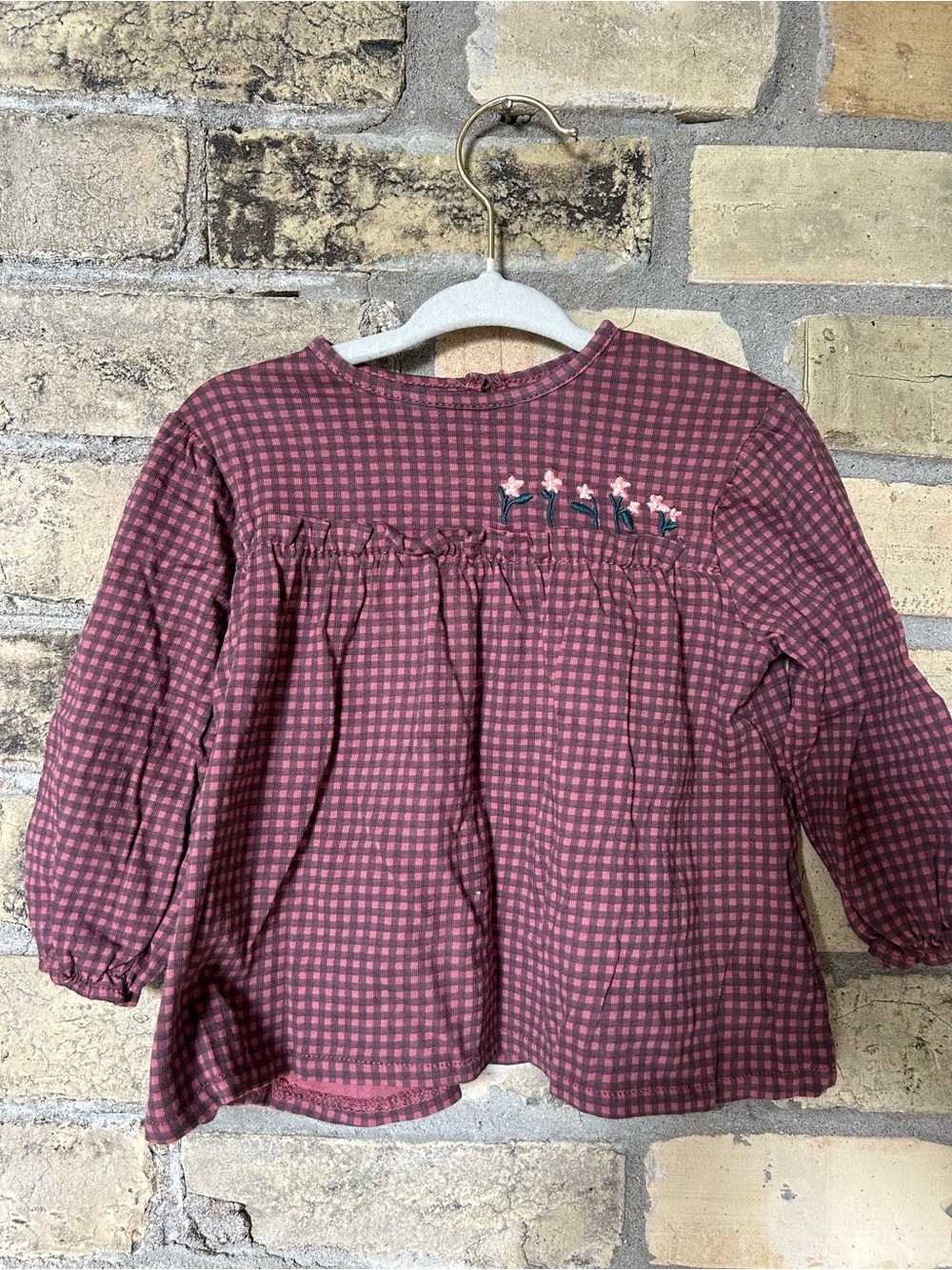 Zara Baby Pink Plaid Long-Sleeve Top with Floral Embroidery 6-9M